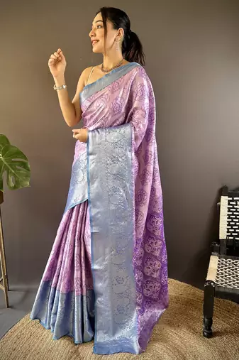 Lavender floral, zari woven kanjivaram tissue silk saree with blouse