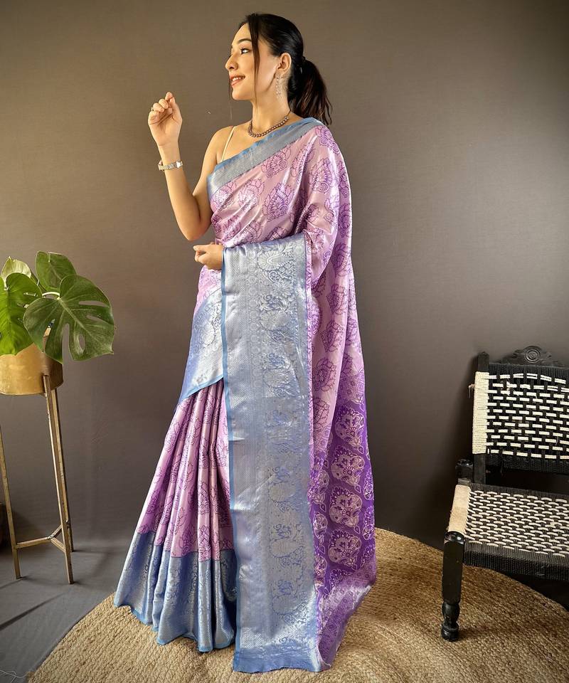 Lavender floral, zari woven kanjivaram tissue silk saree with blouse