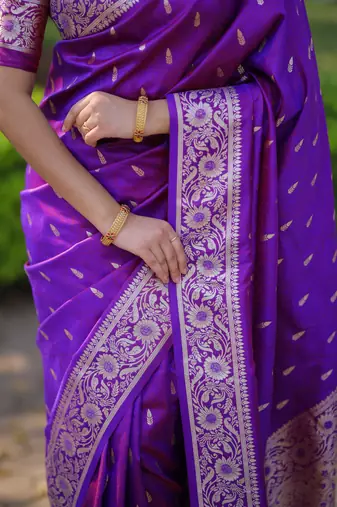 Purple floral, zari work banarasi silk saree with blouse