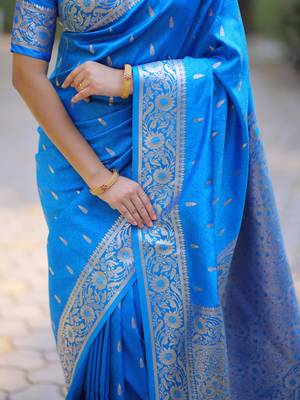 Sky blue floral zari work banarasi silk blend saree with blouse 5