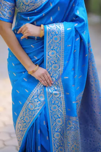 Sky blue floral, zari work banarasi silk saree with blouse