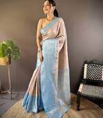Peach floral, zari woven kanjivaram tissue silk saree with blouse