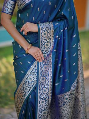 Teal blue floral zari work banarasi silk blend saree with blouse 5
