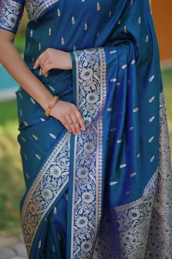 Teal blue floral, zari work banarasi silk saree with blouse