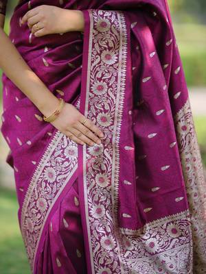 Wine floral zari work banarasi silk blend saree with blouse 5