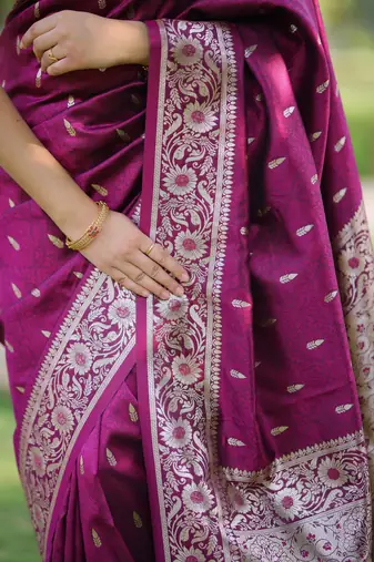 Wine floral, zari work banarasi silk saree with blouse