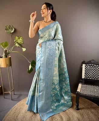 Teal blue floral, zari woven kanjivaram tissue silk saree with blouse 1