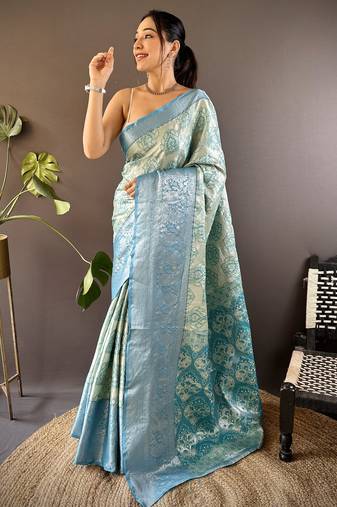 Teal blue floral, zari woven kanjivaram tissue silk saree with blouse