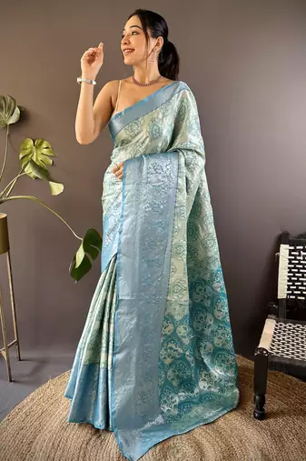 Teal blue floral, zari woven kanjivaram tissue silk saree with blouse