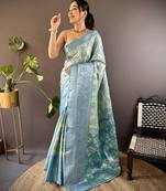 Teal blue floral, zari woven kanjivaram tissue silk saree with blouse