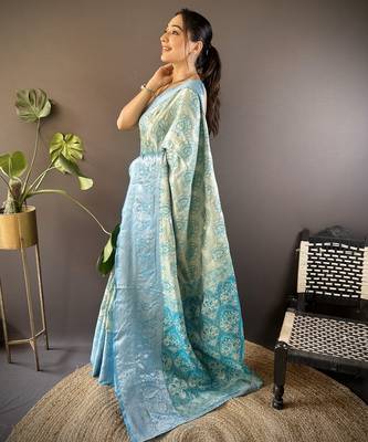 Teal blue floral, zari woven kanjivaram tissue silk saree with blouse 3