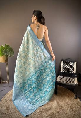 Teal blue floral, zari woven kanjivaram tissue silk saree with blouse 4