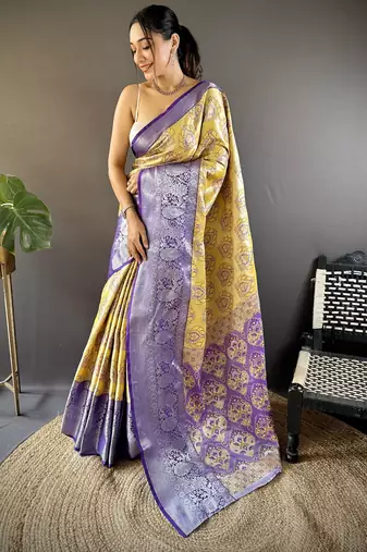 Yellow floral, zari woven kanjivaram tissue silk saree with blouse