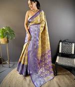 Yellow floral, zari woven kanjivaram tissue silk saree with blouse