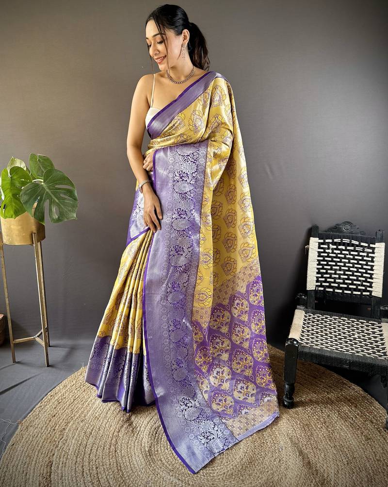 Yellow floral, zari woven kanjivaram tissue silk saree with blouse