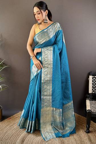 Blue checkered, floral, zari woven pure naylon viscose saree with blouse