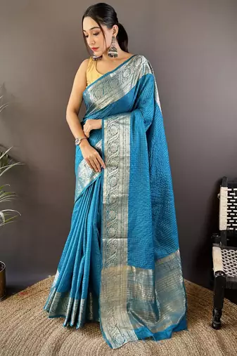 Blue checkered, floral, zari woven pure naylon viscose saree with blouse