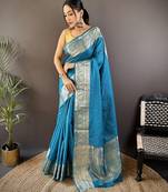 Blue checkered, floral, zari woven pure naylon viscose saree with blouse