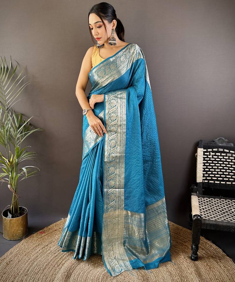 Blue checkered, floral, zari woven pure naylon viscose saree with blouse
