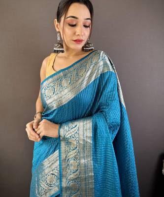 Blue checkered floral zari woven naylon viscose saree with blouse 2