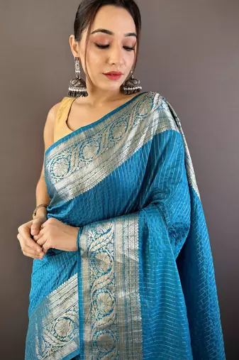 Blue checkered, floral, zari woven pure naylon viscose saree with blouse