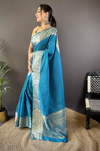 Blue checkered, floral, zari woven pure naylon viscose saree with blouse