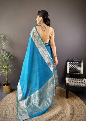 Blue checkered floral zari woven naylon viscose saree with blouse 4
