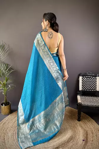 Blue checkered, floral, zari woven pure naylon viscose saree with blouse