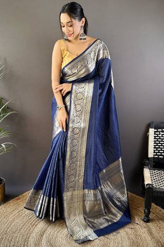Navy blue checkered, floral, zari woven pure naylon viscose saree with blouse
