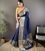 Navy blue checkered, floral, zari woven pure naylon viscose saree with blouse