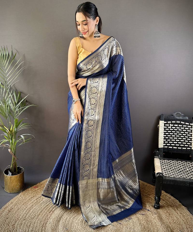 Navy blue checkered, floral, zari woven pure naylon viscose saree with blouse