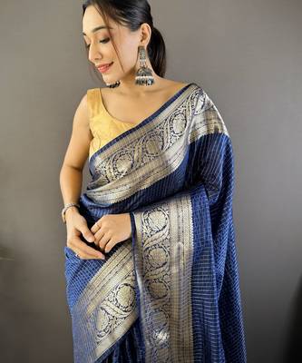 Navy blue checkered floral zari woven naylon viscose saree with blouse 2