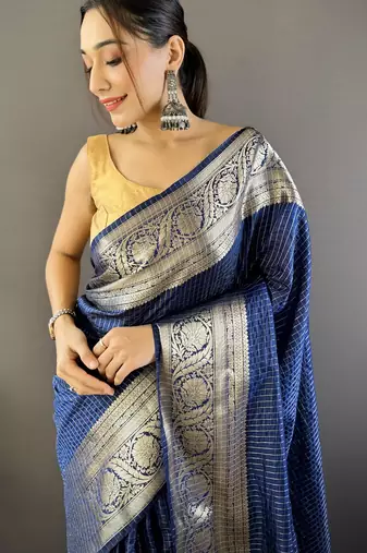 Navy blue checkered, floral, zari woven pure naylon viscose saree with blouse