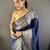 Navy blue checkered, floral, zari woven pure naylon viscose saree with blouse