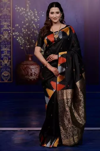 Black temple border, zari work soft silk saree with blouse