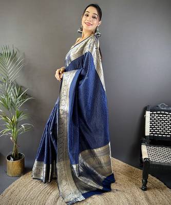 Navy blue checkered floral zari woven naylon viscose saree with blouse 3