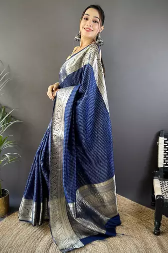 Navy blue checkered, floral, zari woven pure naylon viscose saree with blouse