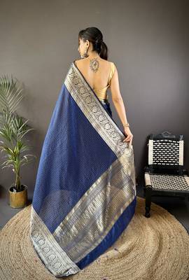 Navy blue checkered floral zari woven naylon viscose saree with blouse 4