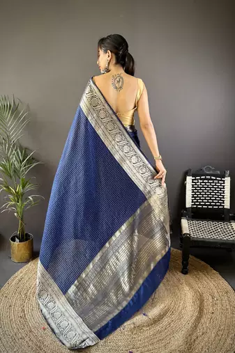 Navy blue checkered, floral, zari woven pure naylon viscose saree with blouse
