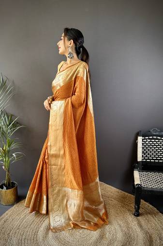 Orange checkered, floral, zari woven pure naylon viscose saree with blouse