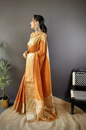 Orange checkered, floral, zari woven pure naylon viscose saree with blouse