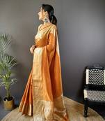 Orange checkered, floral, zari woven pure naylon viscose saree with blouse