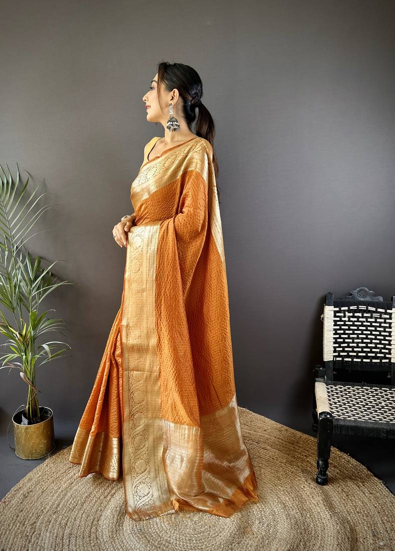 Orange checkered, floral, zari woven pure naylon viscose saree with blouse
