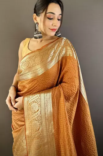 Orange checkered, floral, zari woven pure naylon viscose saree with blouse