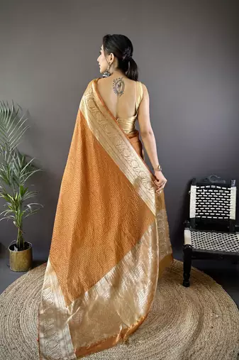Orange checkered, floral, zari woven pure naylon viscose saree with blouse