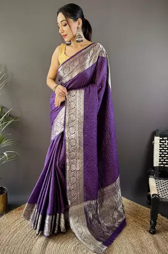 Purple checkered, floral, zari woven pure naylon viscose saree with blouse
