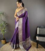 Purple checkered, floral, zari woven pure naylon viscose saree with blouse