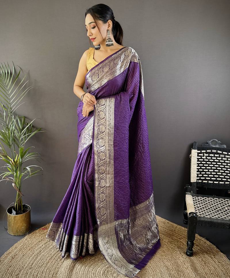 Purple checkered, floral, zari woven pure naylon viscose saree with blouse