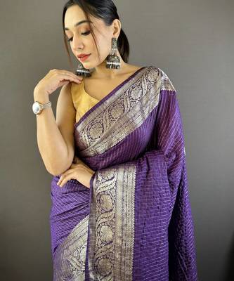 Purple checkered floral zari woven naylon viscose saree with blouse 2