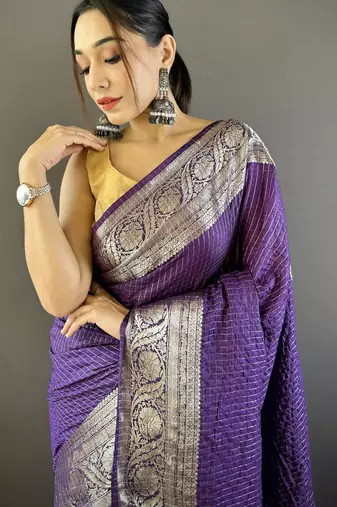 Purple checkered, floral, zari woven pure naylon viscose saree with blouse